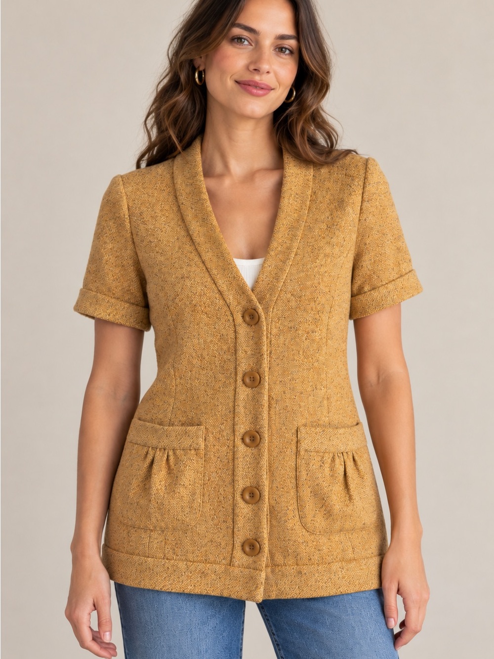 Anthropologie Tabitha Mustard Tweed Short Sleeve Blazer Cardigan Size 4